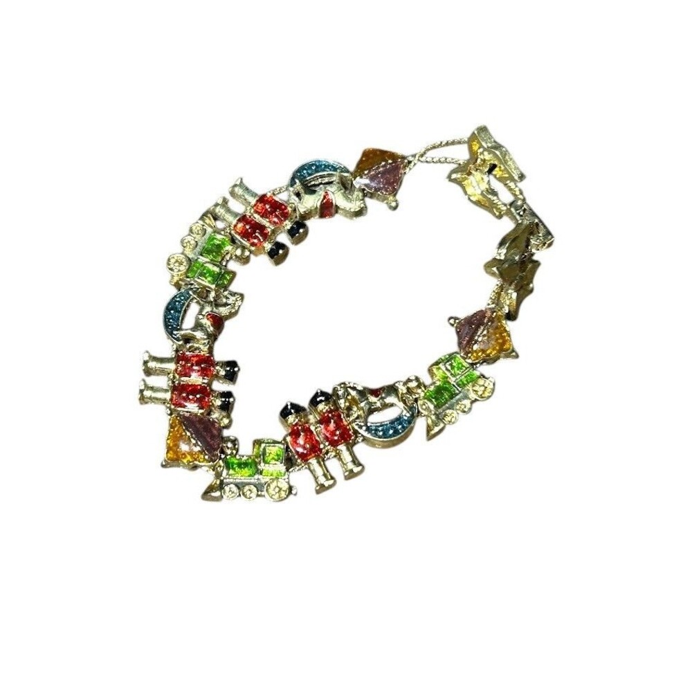 Vtg Enamel Christmas Slide Bracelet Signed SP Train Rocking Horse Soldier 7"